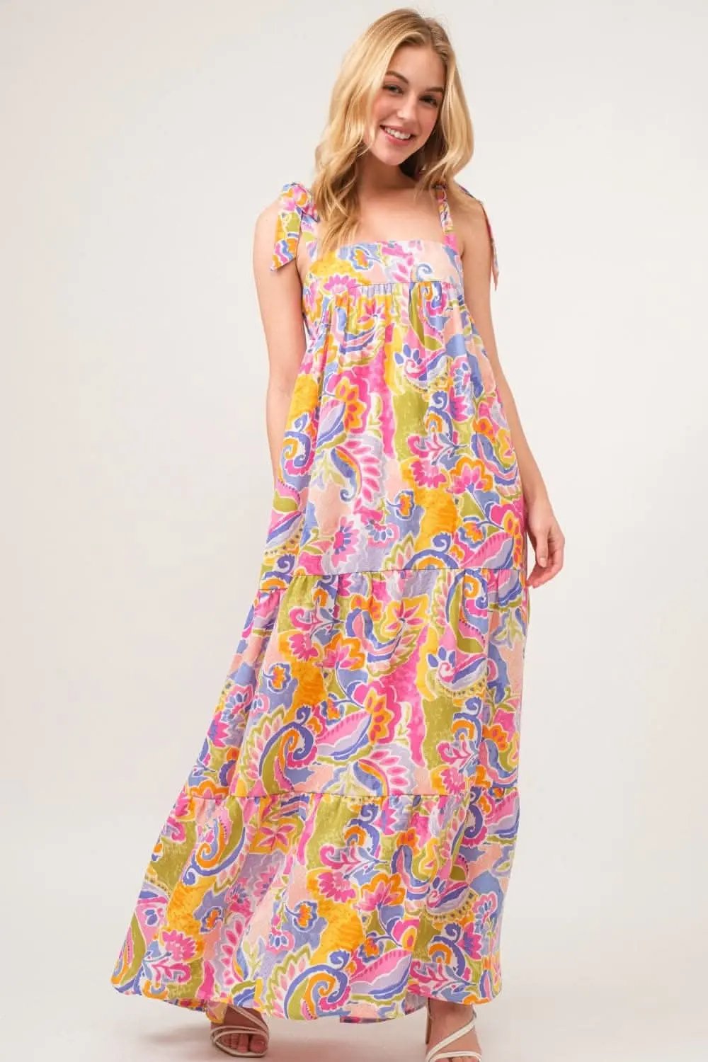 And The Why Full Size Printed Tie Shoulder Tiered Maxi Dress - Love Salve